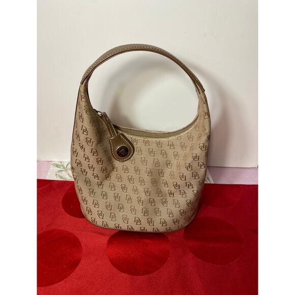Dooney & Bourke Tan Brown Logo Print Mini Bucket Bag Purse 6x8 in Zipper fob EUC - Picture 3 of 15